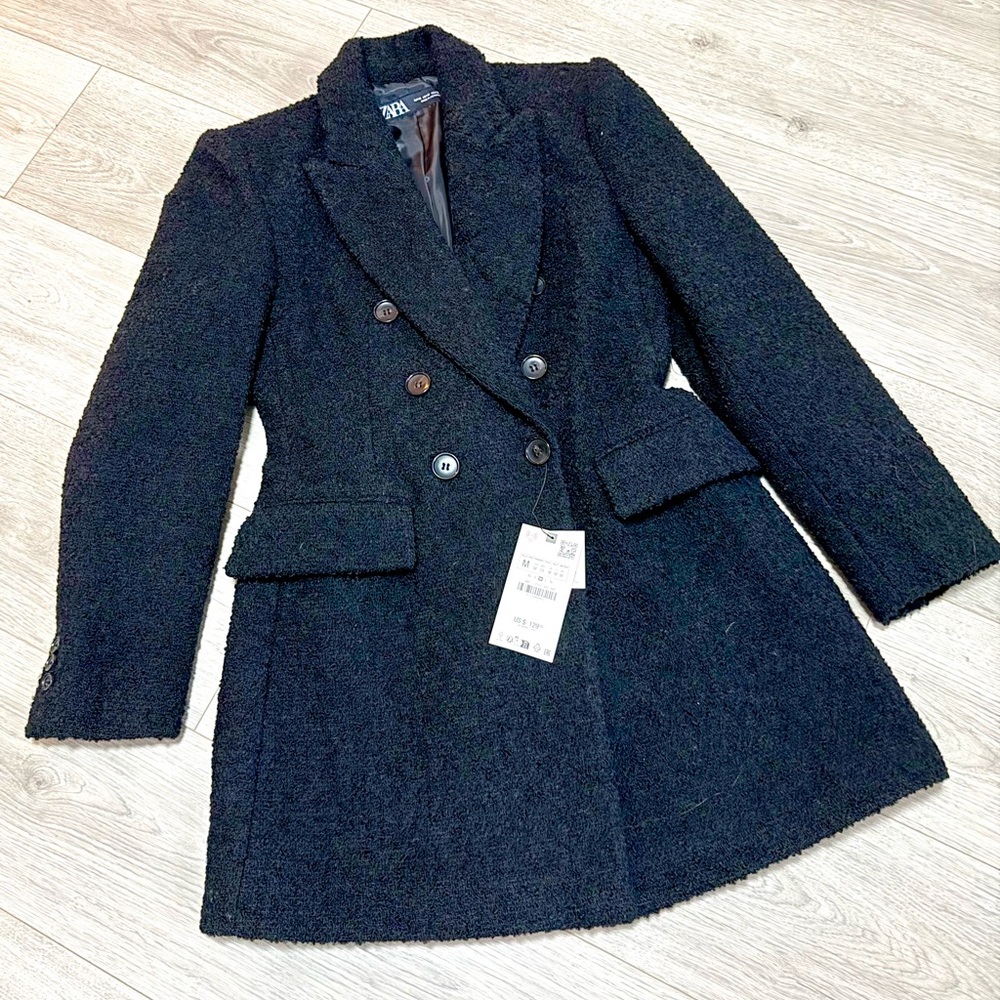 Zara Black Tweed Double-Breasted Coat